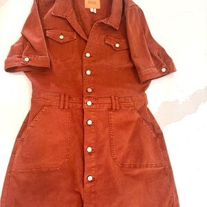 Paige Mayslie Denim Mini Dress Button Front Utility Pockets, Burnt Orange
